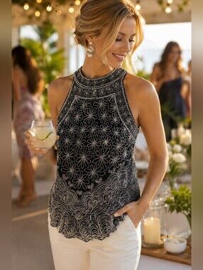 Adrianna Papel Elegant Black and Silver Embroidered Women's Top Large